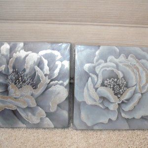 New Contemporary Pair of Blue and Silver Floral Canvas Pictures Wall Art 8"x 8"
